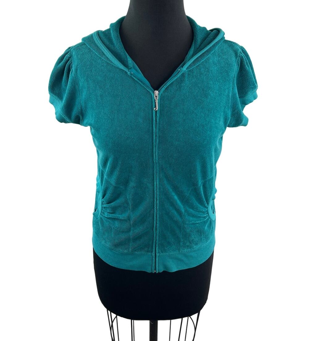 Y2K Vintage Juicy Couture Teal Hoodie Cotton Velour Cap Sleeve Full Zip Large L